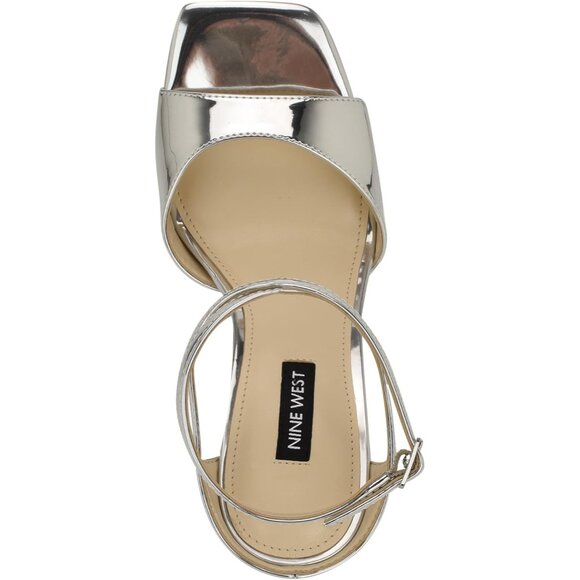 Nine West Women Silver Mirror Metallic Faux Leather Open Squared Toe Heel Sandal - Picture 4 of 6